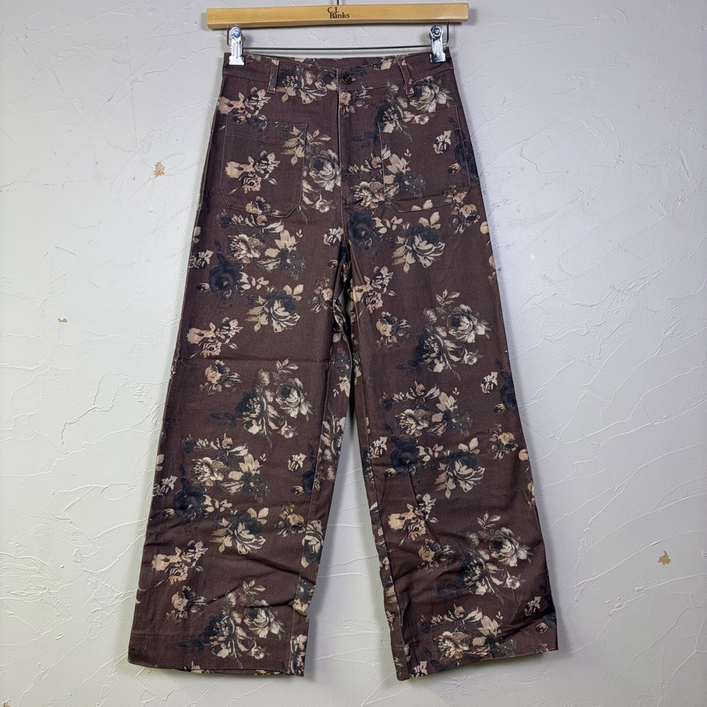 NWT Entro Floral Wide Leg Pants Women Small Brown High Rise Boho Cottagecore